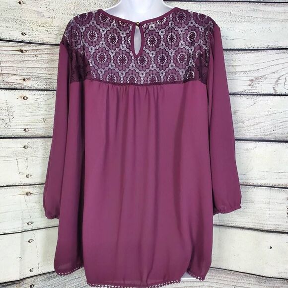 Maurices Purple Crochet Lace Blouse Long Sleeve Size 2 Sheer Feminine Boho Top - Picture 7 of 9